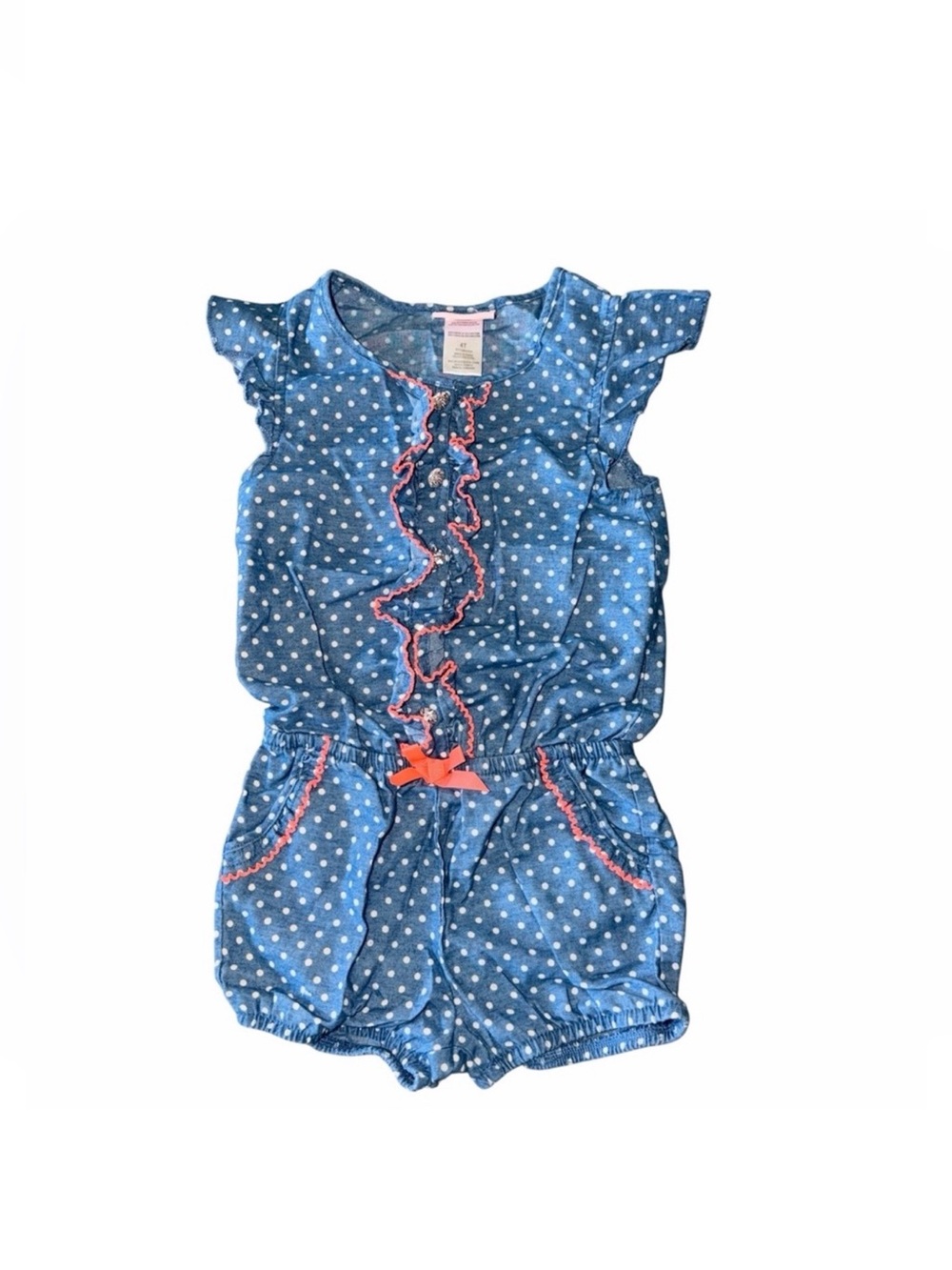 Little Lass Denim Polka Dot Romper with Ruffle Trim - 4T